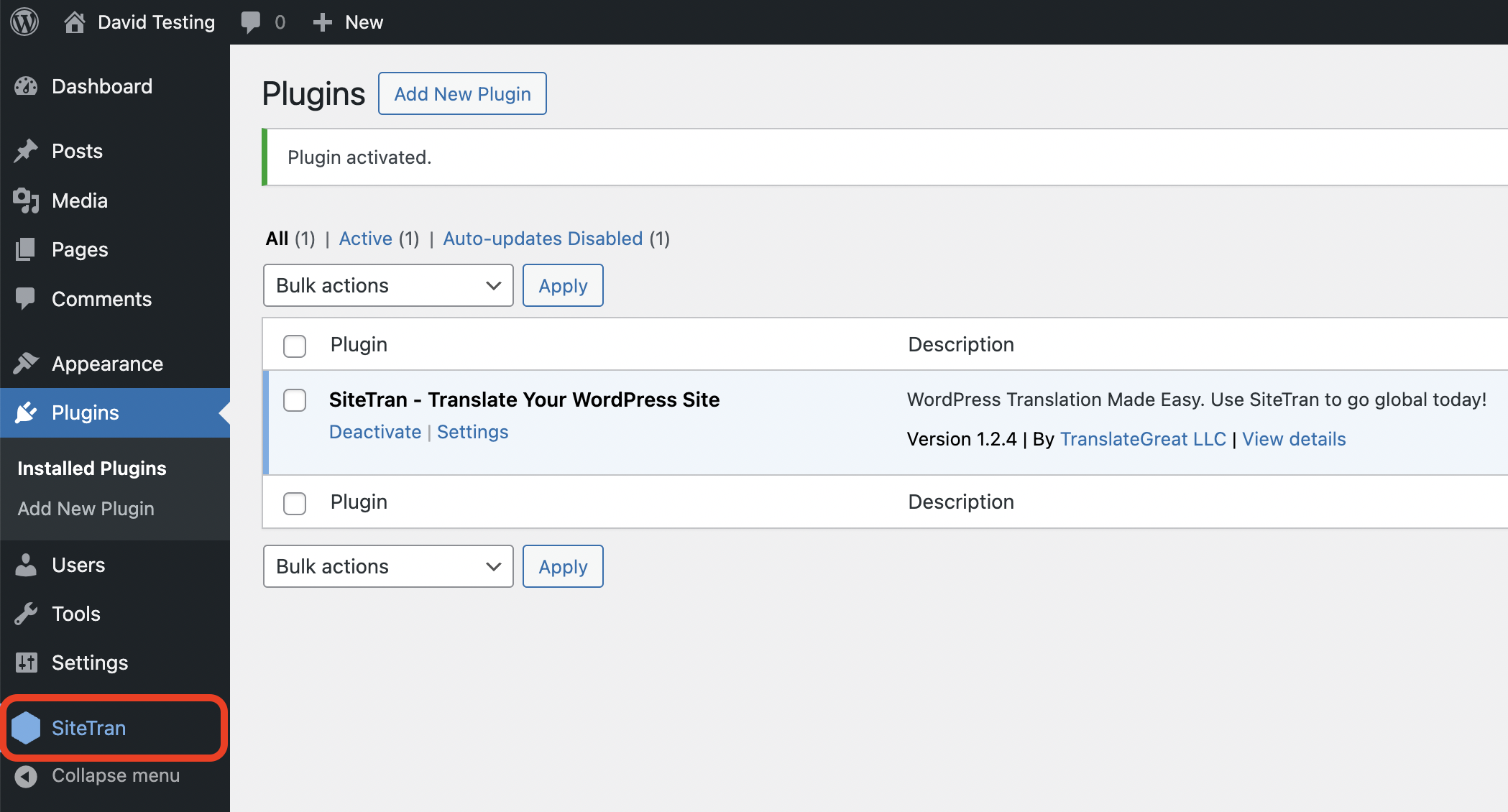 Click on SiteTran to go to SiteTran plugin admin page